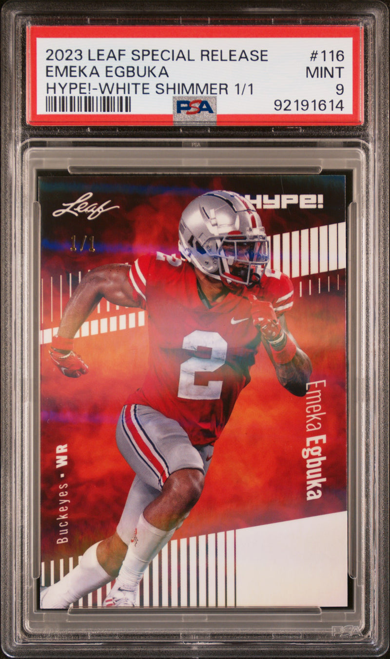 PSA 9 Emeka Egbuka 2023 Leaf HYPE #116 White Shimmer 1/1 Rookie Card Buckeyes