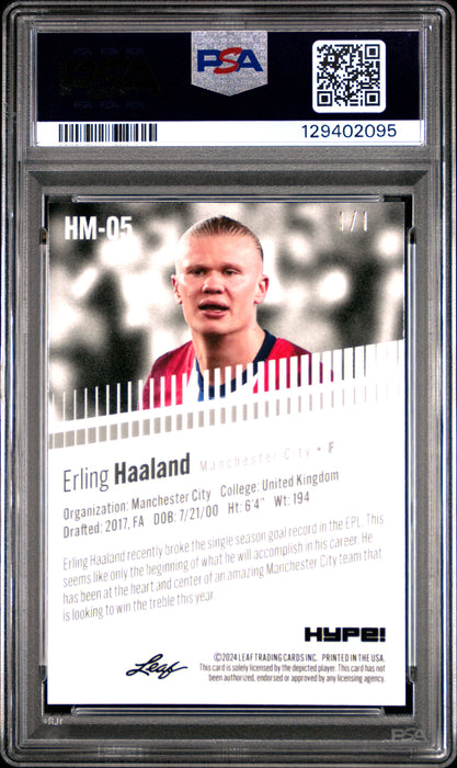 PSA 8 Erling Haaland 2024 Leaf HYPE! Metal #HM-05 Matrix 1/1 Rare Trading Card