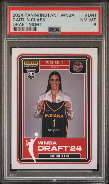 PSA 8 Caitlin Clark 2024 Panini Instant #DN-1 WNBA Draft Night Rookie Card