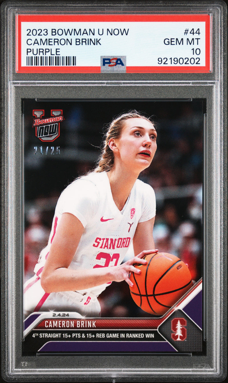 PSA 10 Cameron Brink 2023 Bowman University Now #44 Purple SP #21/25 Rookie Card Stanford Cardinal