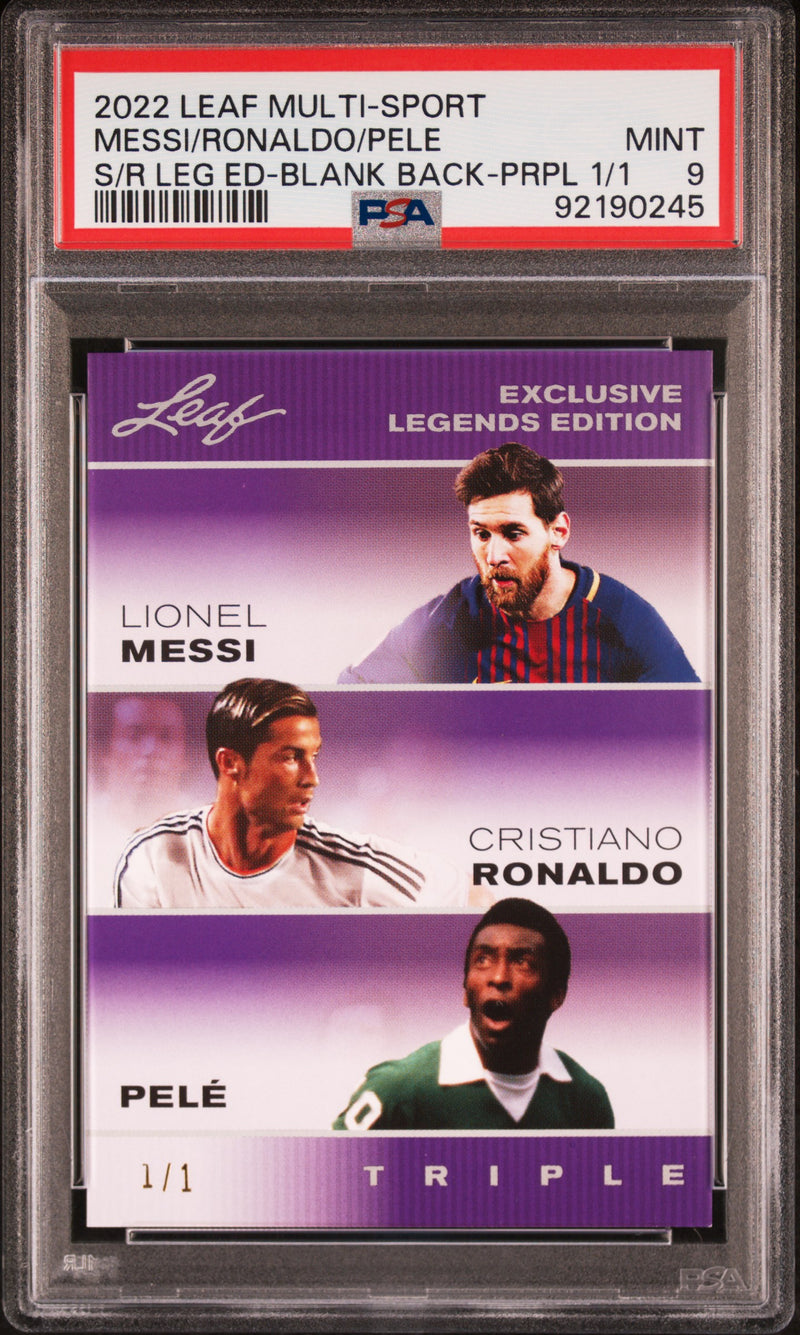 PSA 9 Lionel Messi/Pele/Cristiano Ronaldo 2022 Leaf Triple Purple Blank Back 1/1 Card