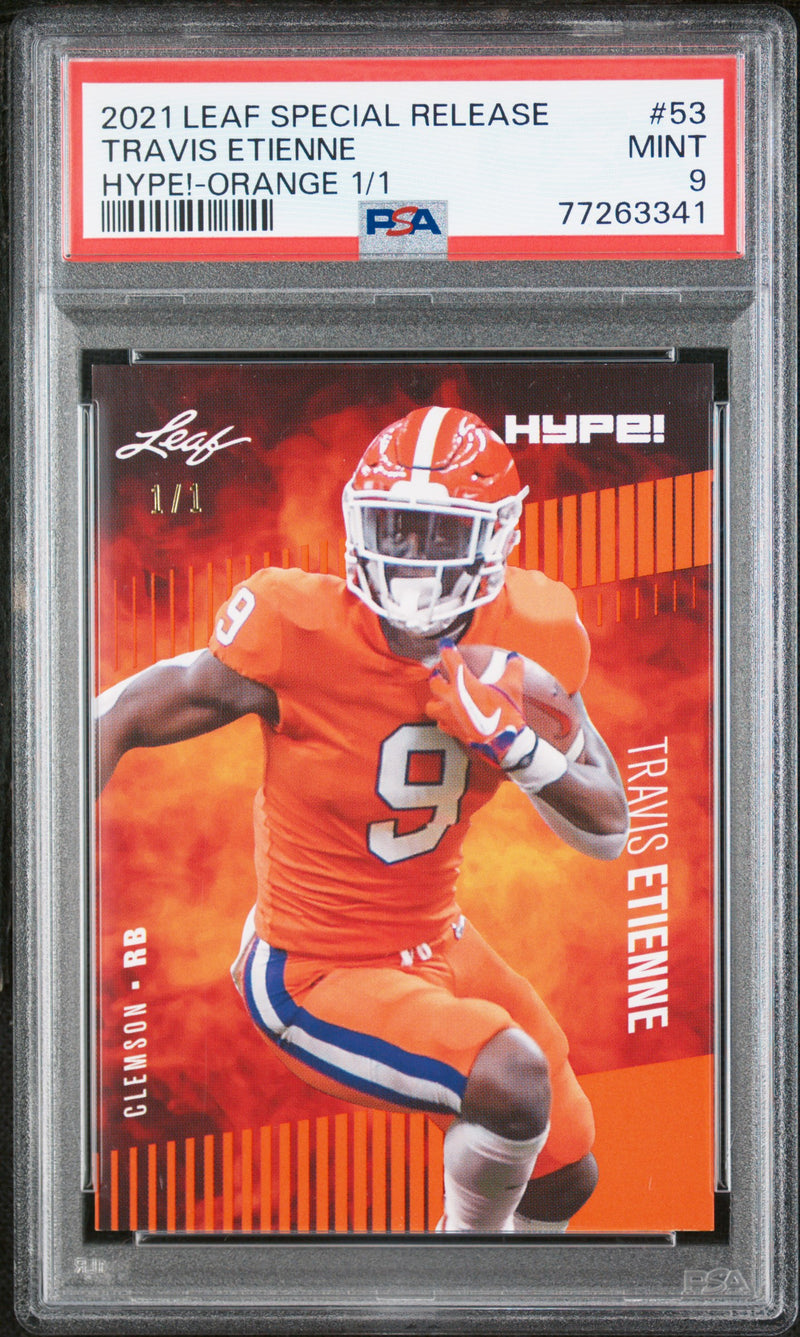 Travis Etienne Rookie Card Jacksonville PSA MINT 9 (Mint) Football Trading Card 2021 Leaf Hype #53 Orange #1/1