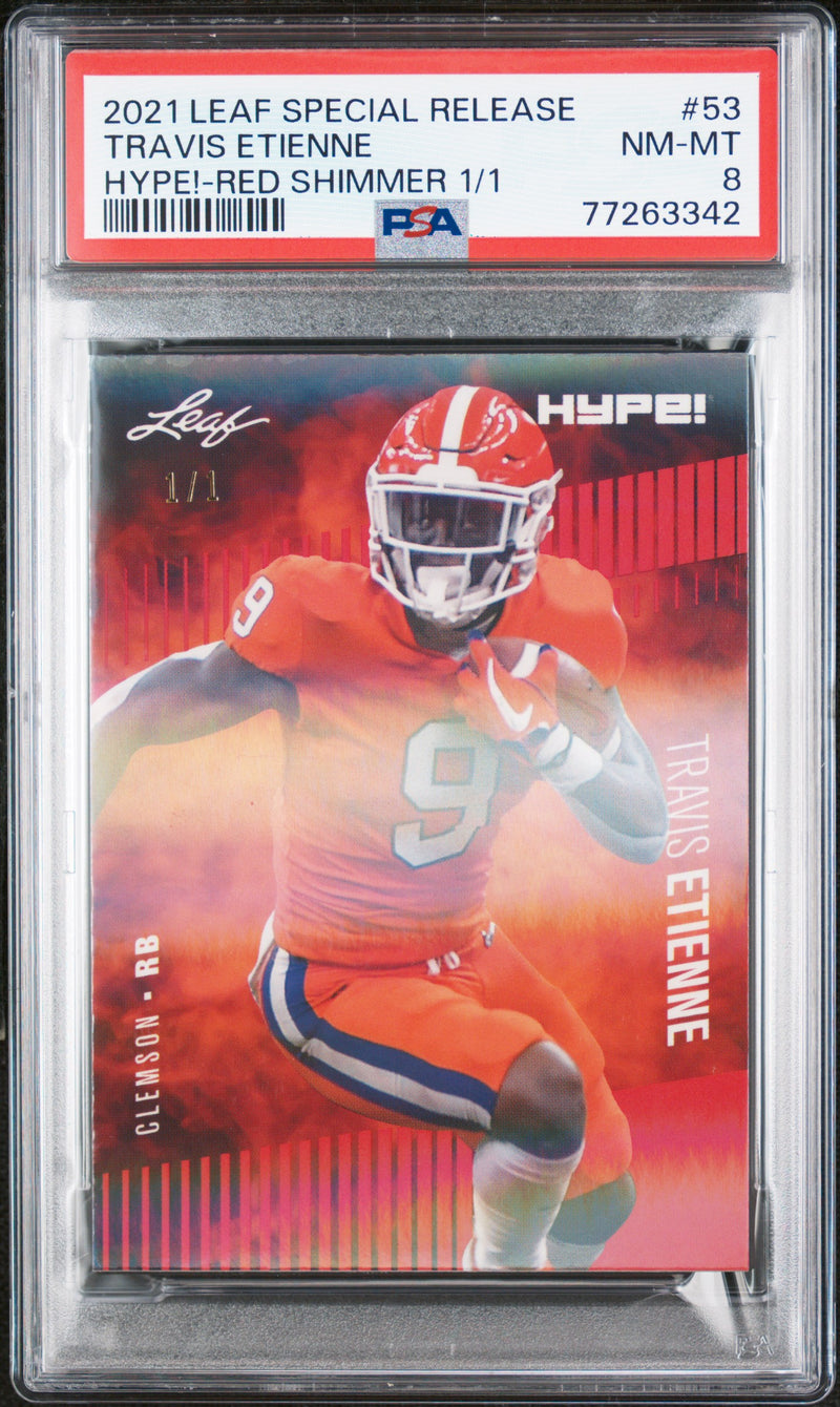 Travis Etienne Rookie Card Jacksonville PSA NM-MT 8 (Near Mint-Mint) Football Trading Card 2021 Leaf Hype #53 Red Shimmer #1/1