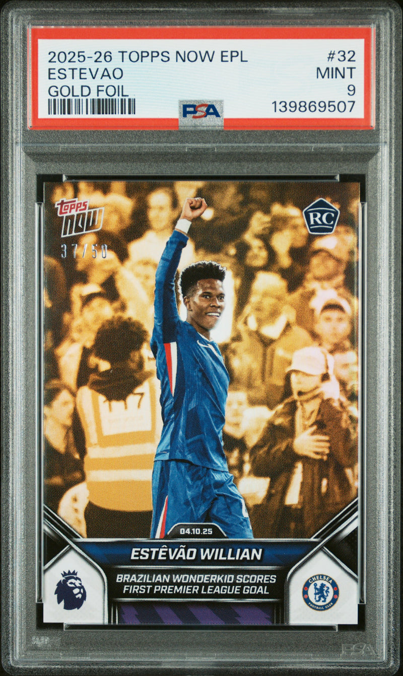 PSA 9 Estevao Willian 2025 Topps Now #32 Gold Foil #37/50 Rookie Card Chelsea