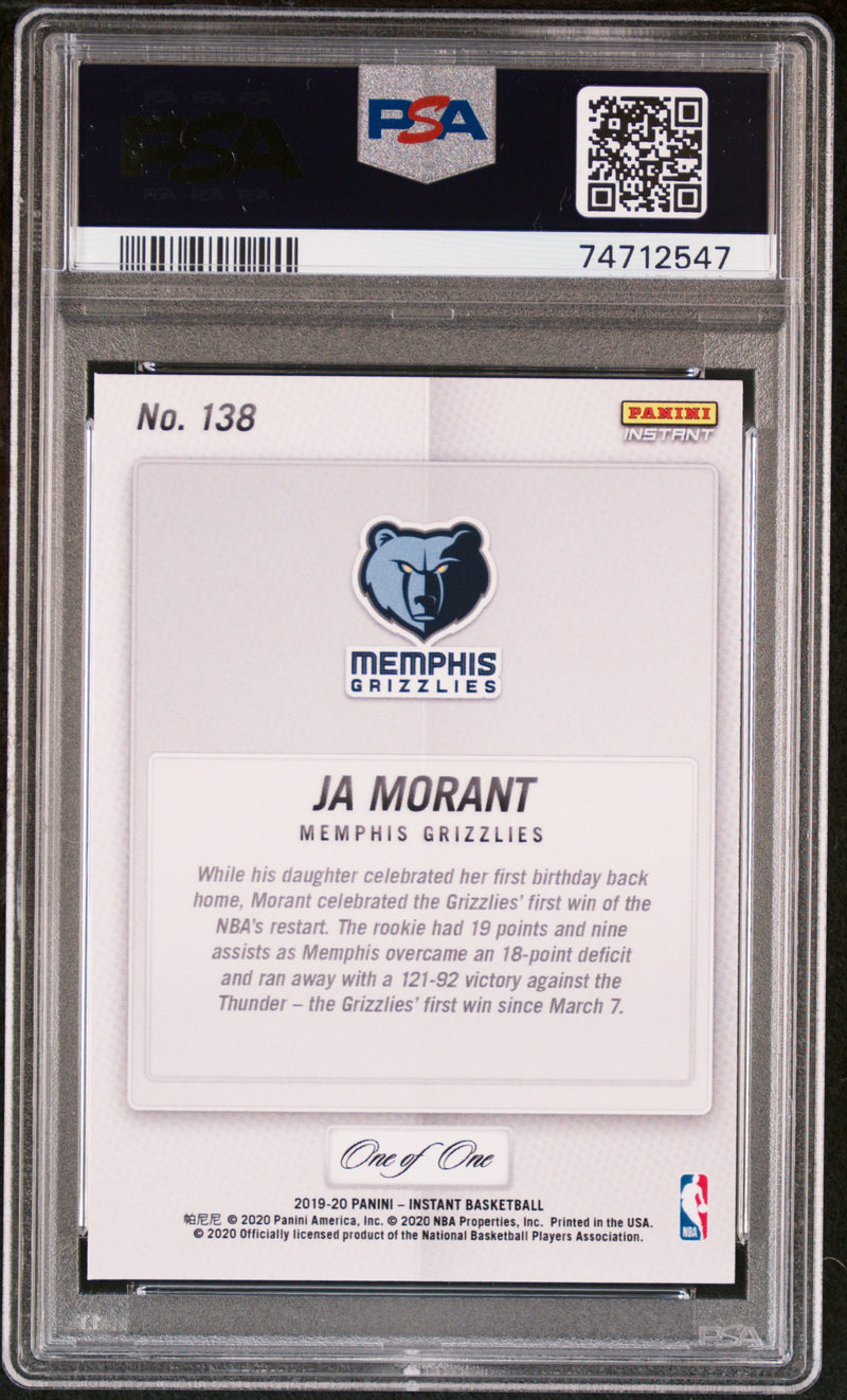 PSA 9 MINT Ja Morant 2019 Panini Instant #138 Black 1/1 Rookie Card Bubble Win