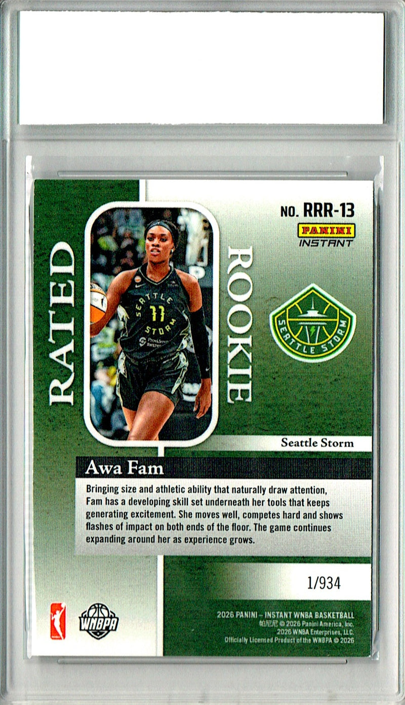 Awa Fam Rookie Card 2026 Panini Instant #RRR-13 Rated Rookie, PGI 10, Seattle Storm Basketball