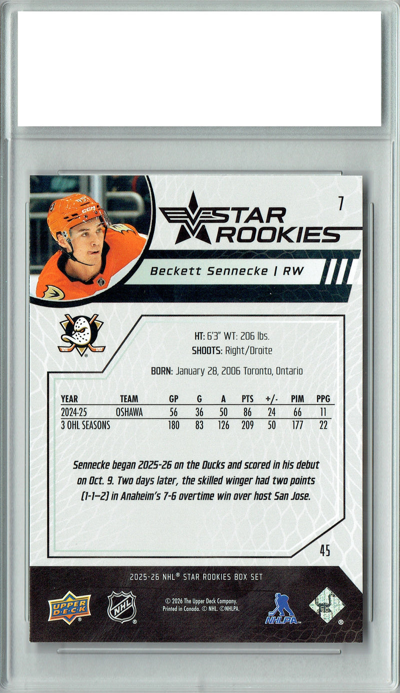 Certified Mint+ Beckett Sennecke 2025 U.D. Star Rookies #7 Special Collection Rookie Card Anaheim Ducks