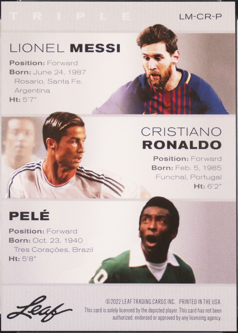 1) Mint The Triple Lionel Messi Pele Ronaldo 2022 Leaf Legends Card #LM-CR-P