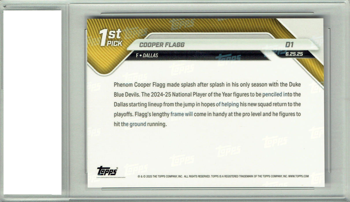 Certified Mint+ Cooper Flagg 2025 Topps Now #D1 #1 Overall Draft Pick Rookie Card Dallas Mavericks