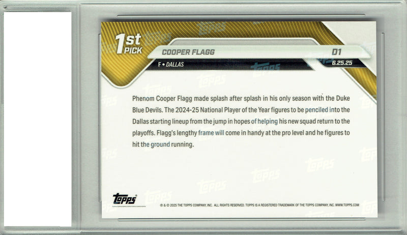 Cooper Flagg 2025 Topps Now #D1 #1 Overall Draft Pick Rookie Card PGI 10