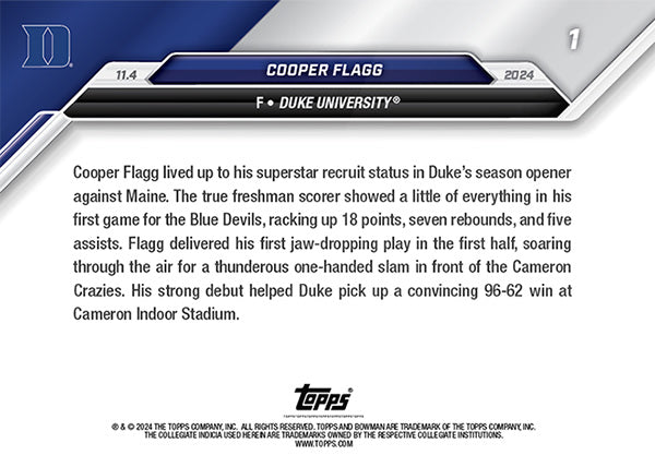 Cooper Flagg 2024 Bowman University U Now #1 Rookie Card Duke Blue Devils PGI 10