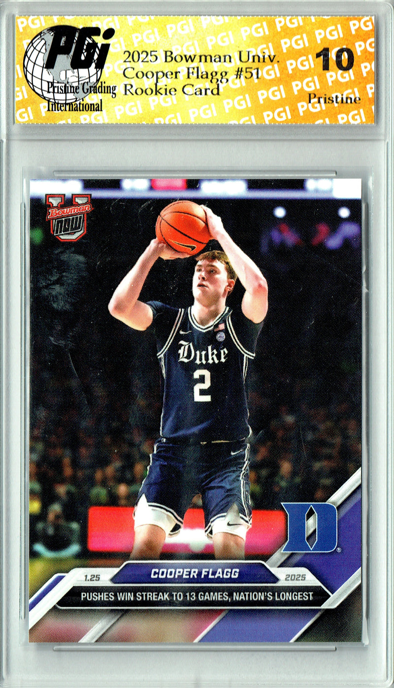 Cooper Flagg Rookie Card 2025 Bowman University Now #51 PRISTINE, PGI 10, Dallas Mavericks Basketball