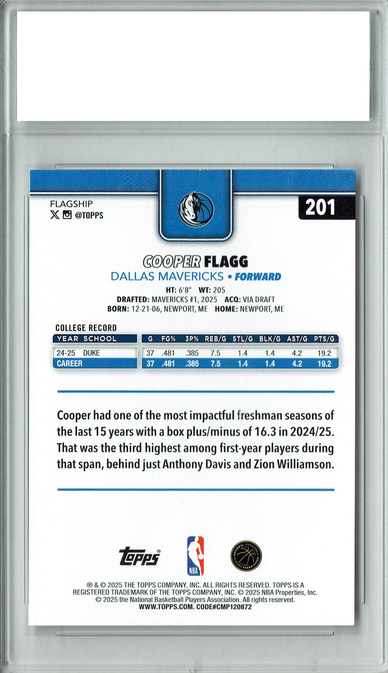 Cooper Flagg 2025 Topps #201 Dallas Mavericks Rookie Card PGI 10