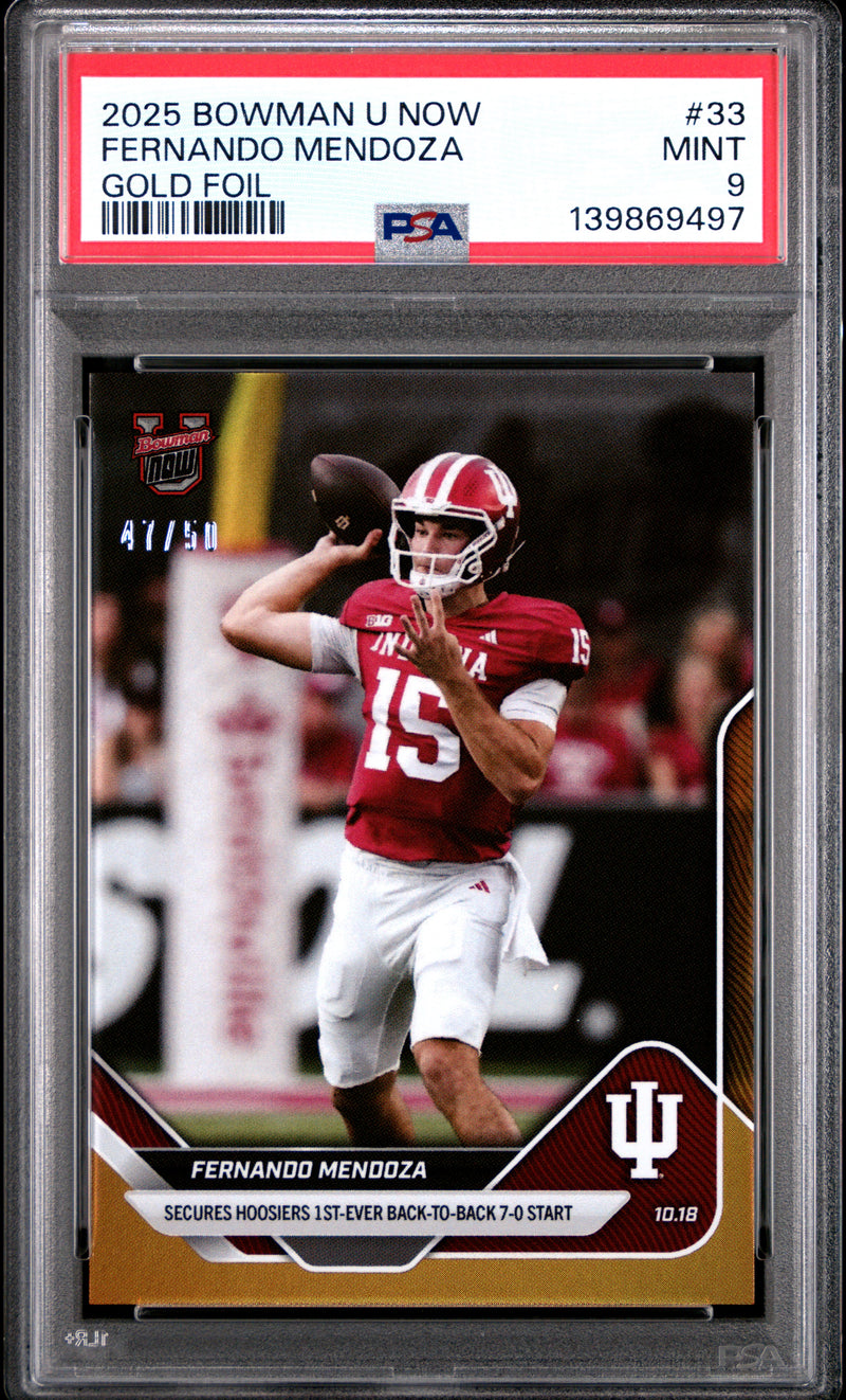 PSA 9 Fernando Mendoza 2025 Bowman University Now #33 Gold Foil #47/50 Rookie Card Indiana Hoosiers