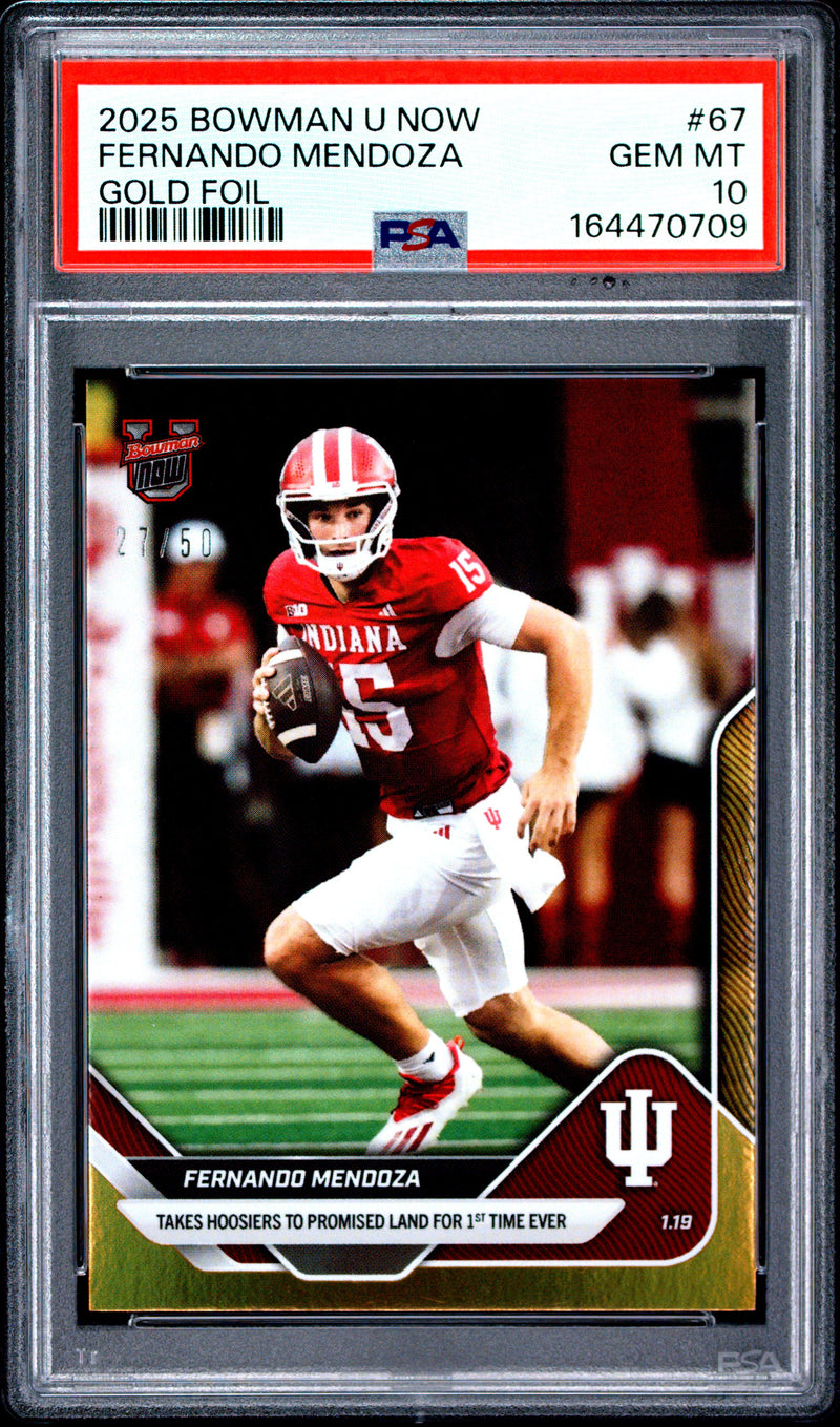 Fernando Mendoza Rookie Card 2025 Bowman University Now #67 Gold Foil #27/50, PSA 10, Indiana 0