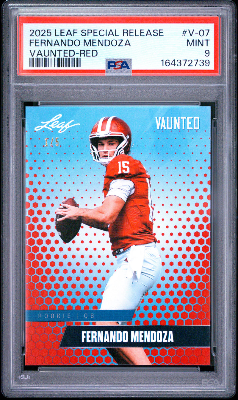 Fernando Mendoza Rookie Card 2025 Leaf Vaunted #V-07 Red sp The #1 of 5, PSA 9, Indiana 0
