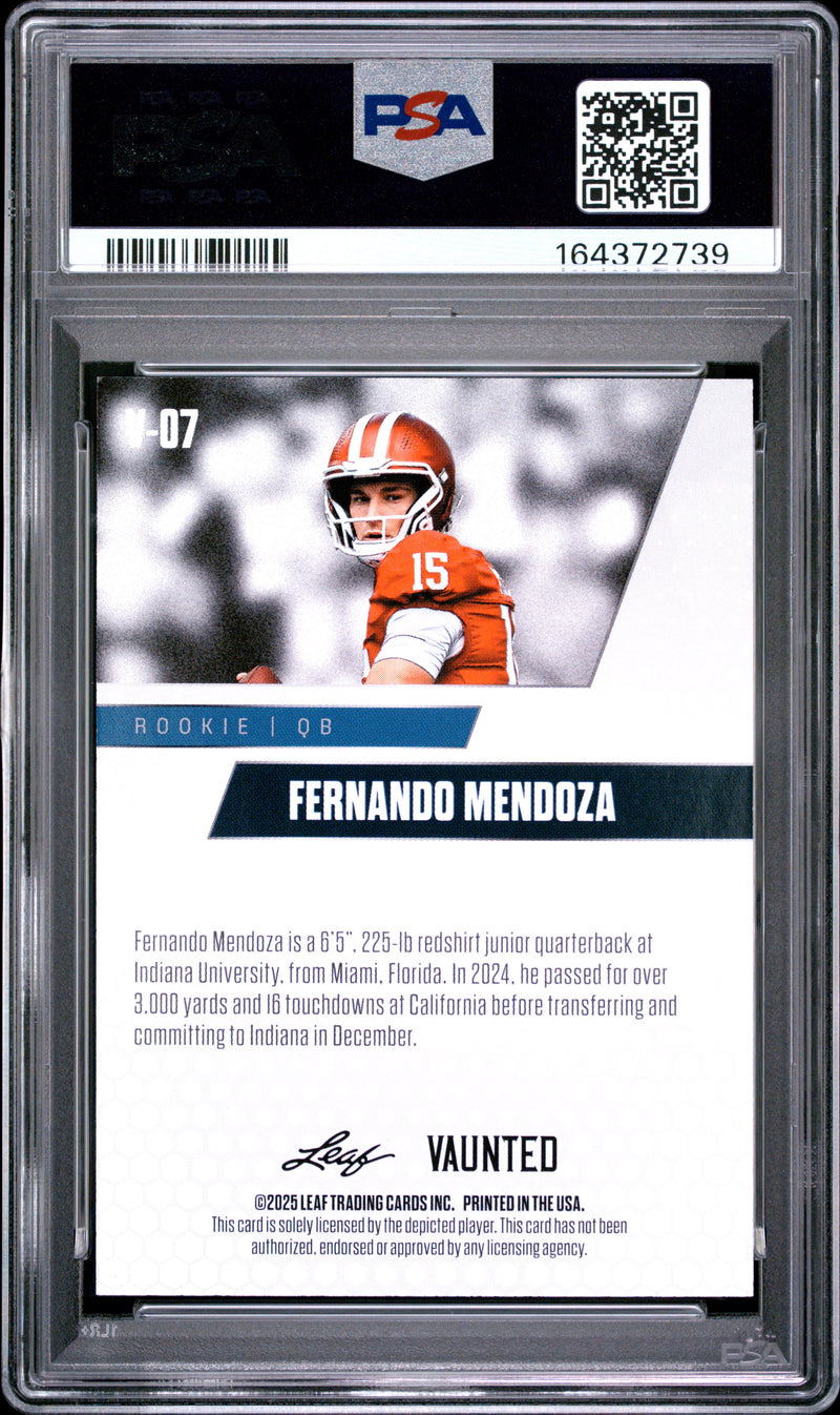 Fernando Mendoza Rookie Card 2025 Leaf Vaunted #V-07 Red sp The #1 of 5, PSA 9, Indiana 0