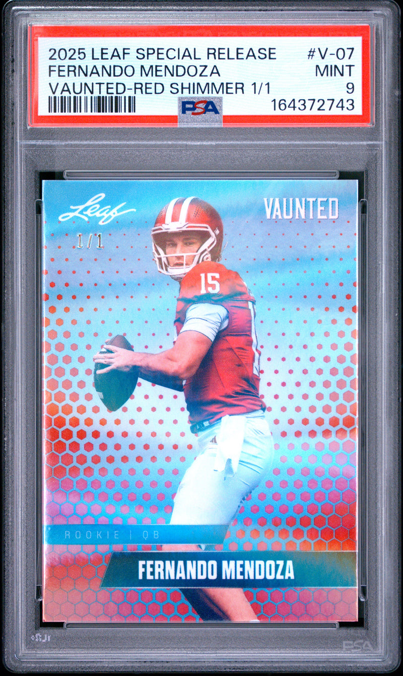 Fernando Mendoza Rookie Card 2025 Leaf Vaunted #V-07 Red Shimmer 1/1, PSA 9, Indiana 0