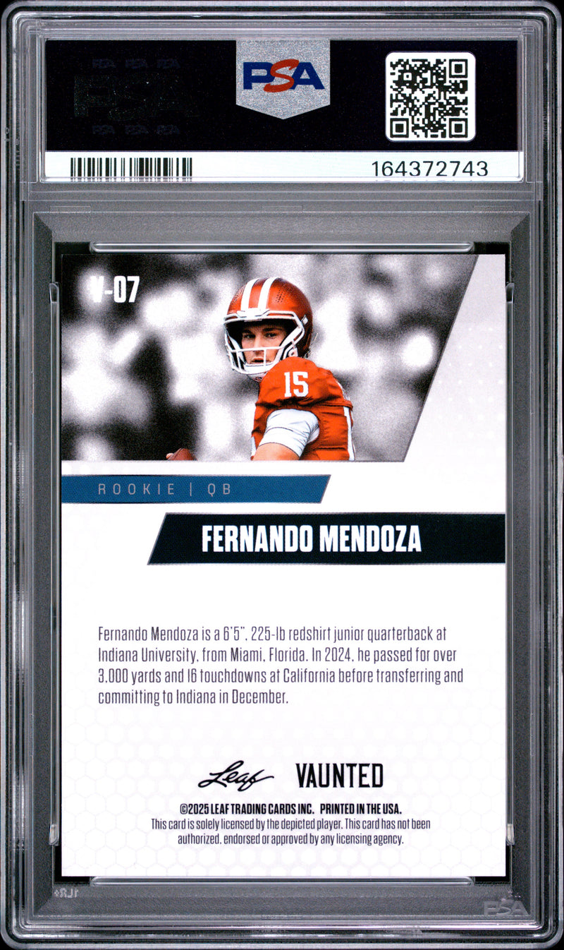 Fernando Mendoza Rookie Card 2025 Leaf Vaunted #V-07 Red Shimmer 1/1, PSA 9, Indiana 0