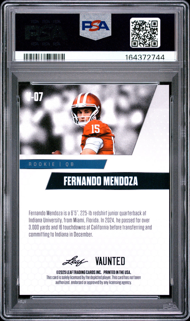 Fernando Mendoza Rookie Card 2025 Leaf Vaunted #V-07 Gold Shimmer 1/1, PSA 10, Indiana 0