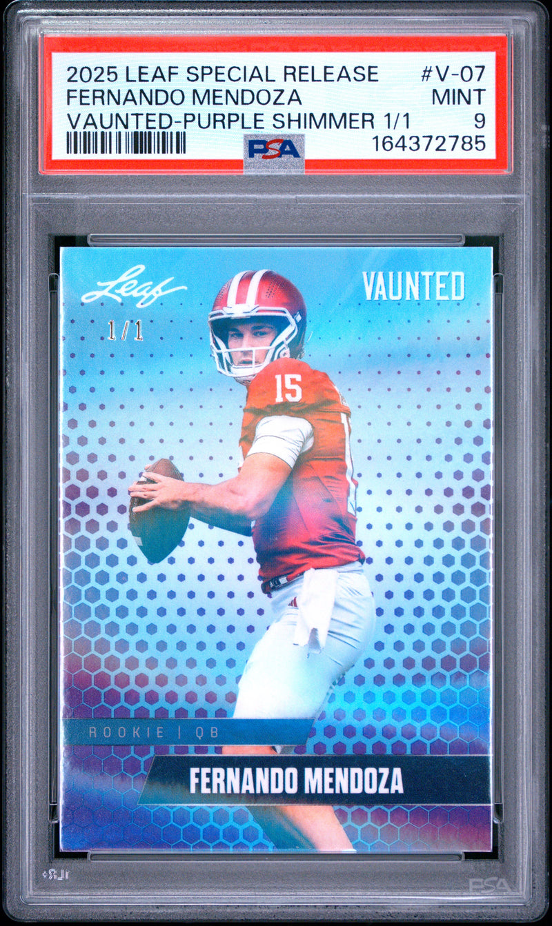 Fernando Mendoza Rookie Card 2025 Leaf Vaunted #V-07 Purple Shimmer 1/1, PSA 9