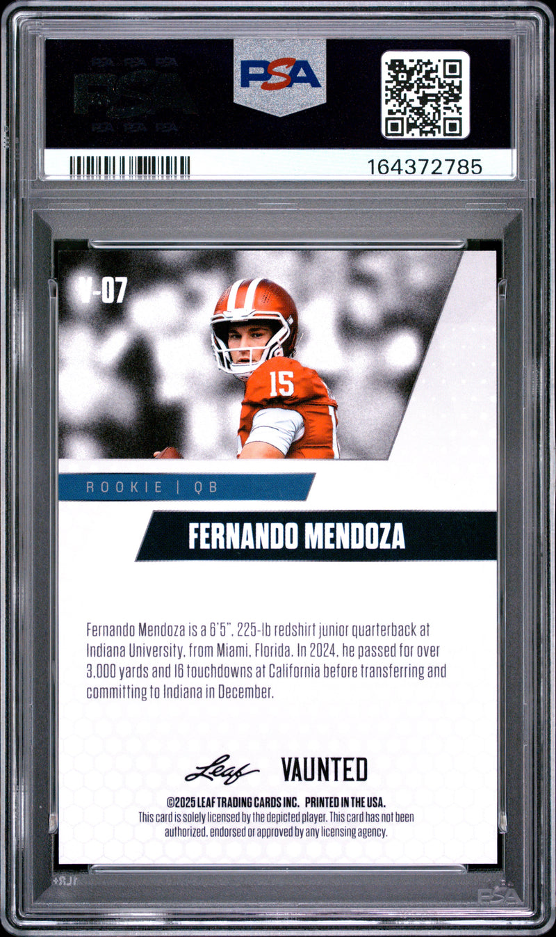 Fernando Mendoza Rookie Card 2025 Leaf Vaunted #V-07 Purple Shimmer 1/1, PSA 9