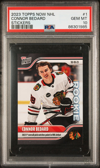 PSA 10 Connor Bedard 2023 Topps Now #1 NHL Debut Rookie/Sticker Card Blackhawks