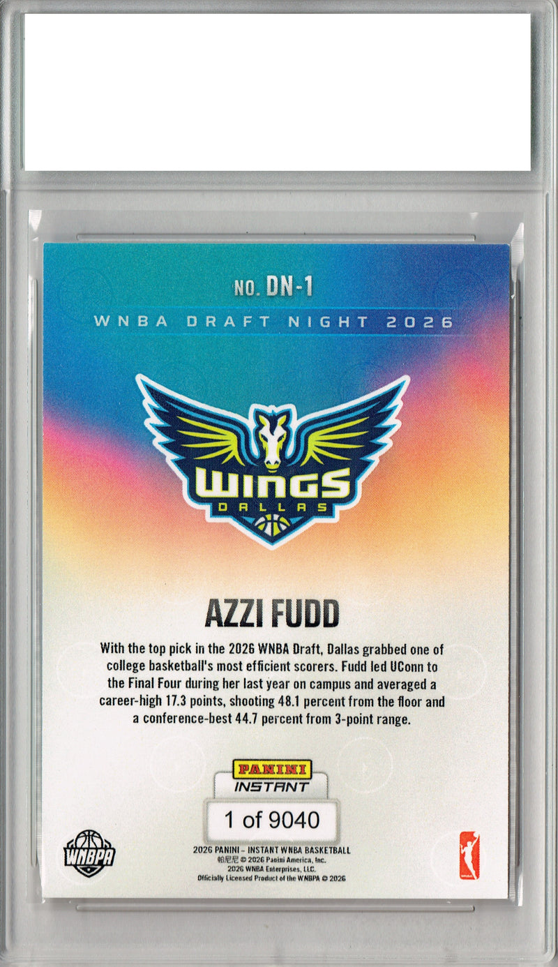 Azzi Fudd Rookie Card Dallas Wings 2026 WNBA Draft Night #DN-1 1 of 9040 PGI 10 Gem Mint Trading Card
