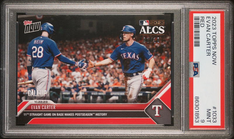 PSA 9 Evan Carter 2023 Topps Now #1033 Red SP The #1 of 10 Rookie Card Texas Rangers