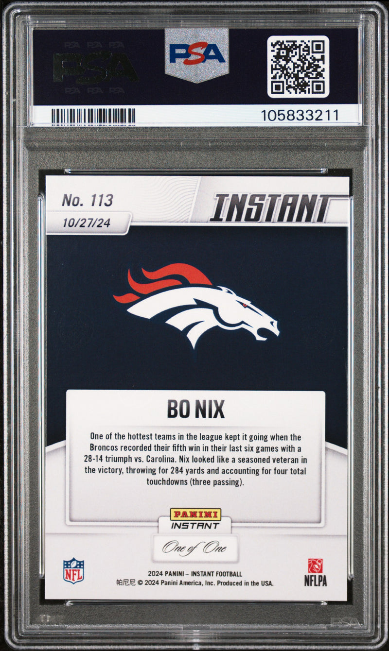 PSA 10 Bo Nix 2024 Panini Instant #113 Blue Viper One of One, 1/1 Rookie Card