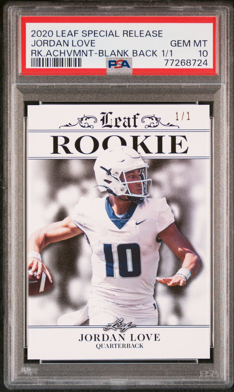 Jordan Love Rookie Card Green Bay PSA GEM-MT 10 (Gem Mint) Football Trading Card 2020 Leaf Exclusive #3 White Blank Back 1/1