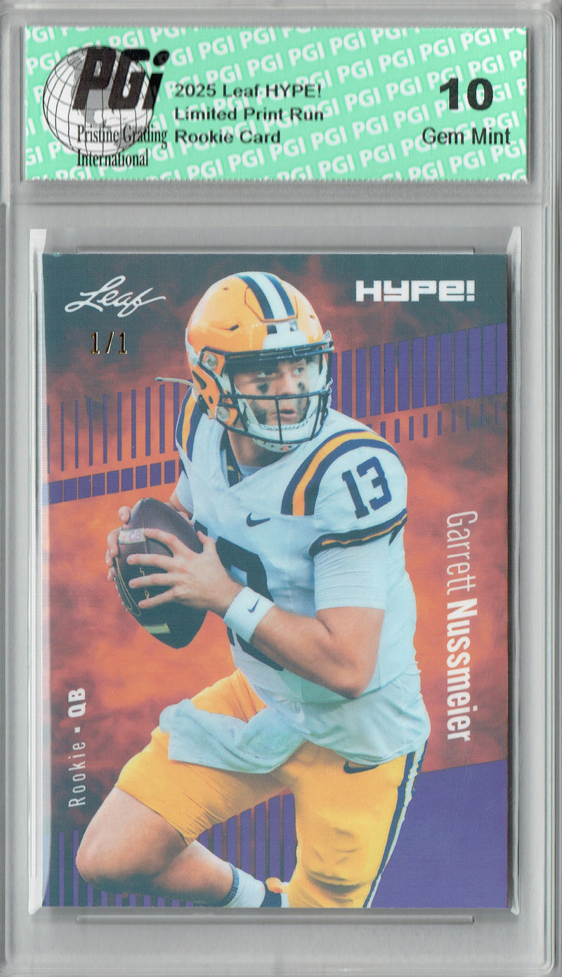 Garrett Nussmeier Rookie Card LSU / Kansas City PGI 10 Football Trading Card 2025 Leaf HYPE! #184 Purple Shimmer 1/1