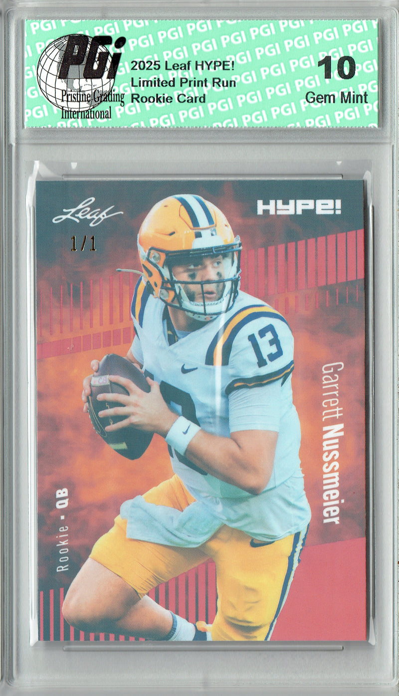 Garrett Nussmeier Rookie Card LSU / Kansas City PGI 10 Football Trading Card 2025 Leaf HYPE! #184 Red Shimmer 1/1