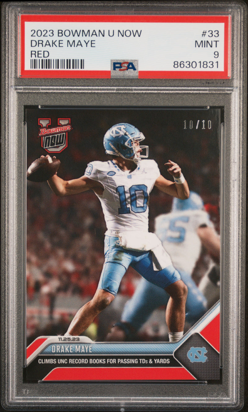PSA 9 Drake Maye 2023 Bowman University Now #33 Red Double Jersey #10/10 Rookie Card New England Patriots