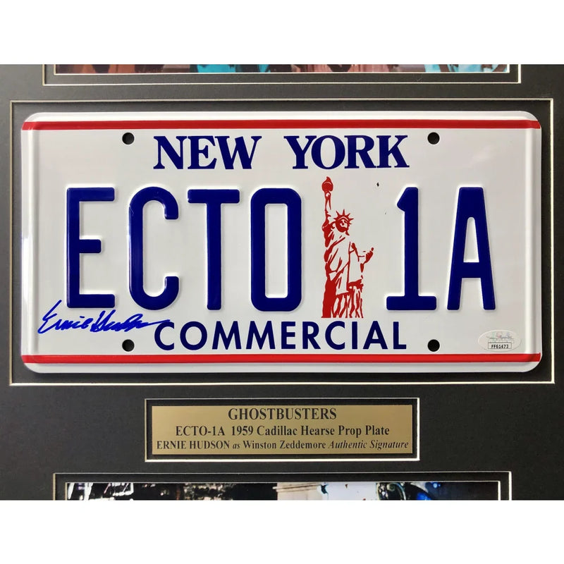 "Ghostbusters" Ernie Husdon Signed Cadillac Ecto-1A Movie Car License Plate Framed Collage JSA COA