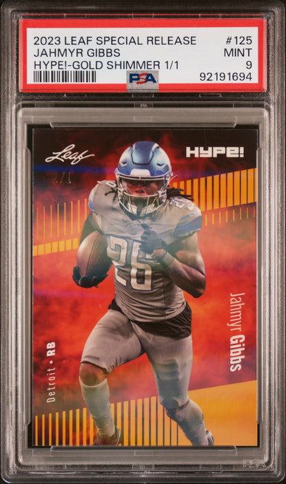 PSA 9 Jahmyr Gibbs 2023 Leaf Hype! #125 Gold Shimmer 1/1 Rookie Card