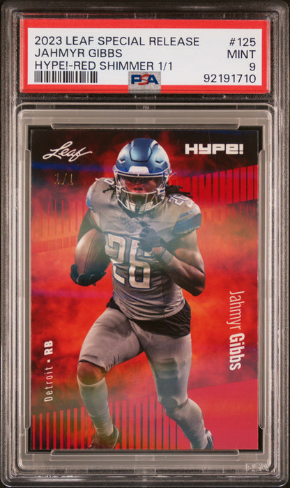 PSA 9 Jahmyr Gibbs 2023 Leaf Hype! #125 Red Shimmer 1/1 Rookie Card