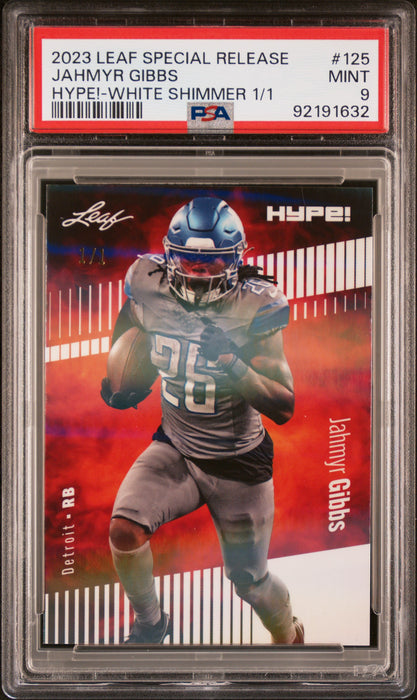 PSA 9 Jahmyr Gibbs 2023 Leaf Hype! #125 White Shimmer 1/1 Rookie Card