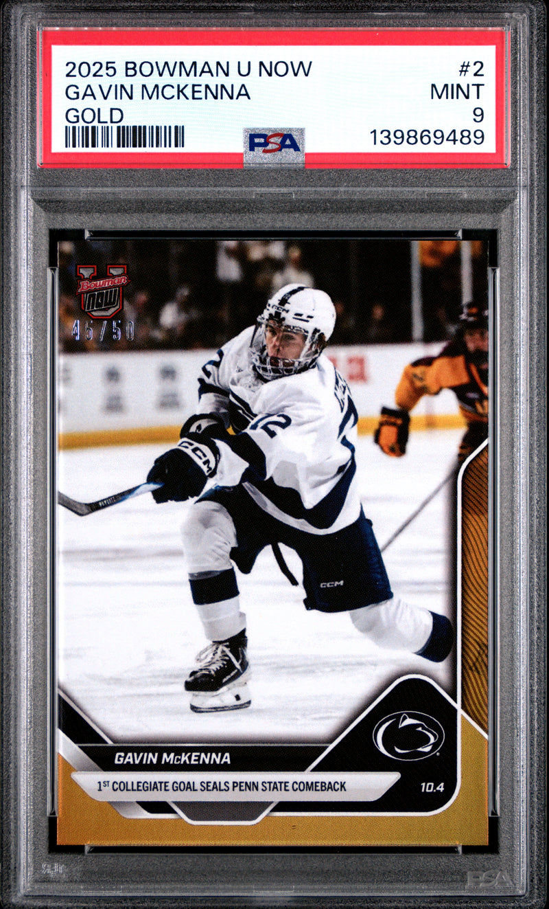 PSA 9 Gavin McKenna 2025 Bowman University Now #2 Gold Foil #45/50 Rookie Card Penn St