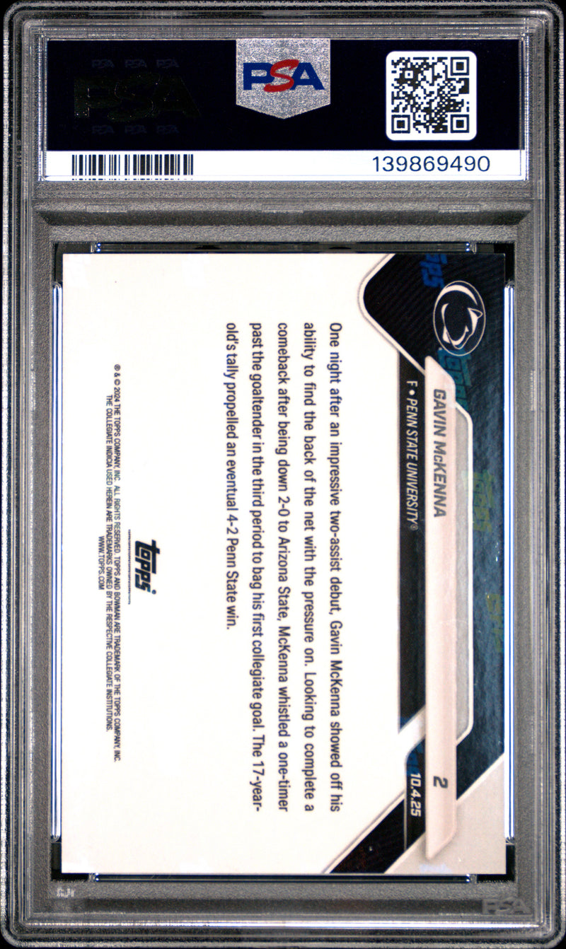 PSA 10 Gavin McKenna 2025 Bowman University Now #2 Gold Foil #8/50 Rookie Card Penn St