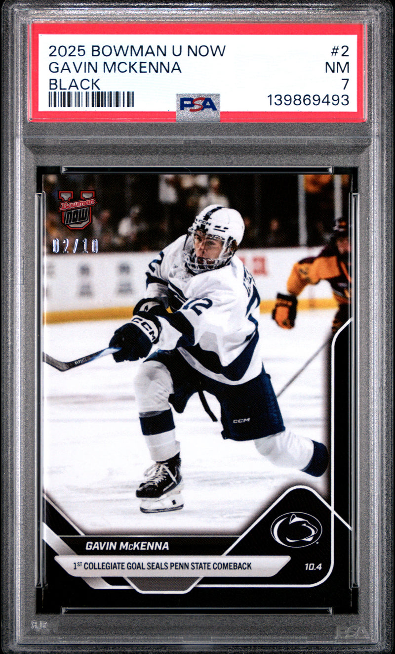 PSA 7 Gavin McKenna 2025 Bowman University Now #2 Black Foil #2/10 Rookie Card Penn State