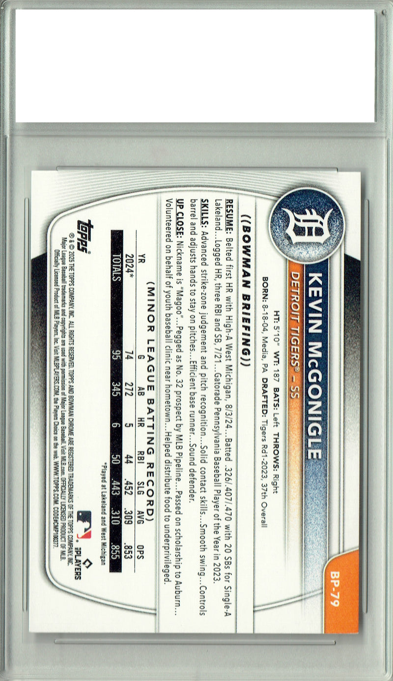 Certified Mint+ Kevin McGonigle 2025 1st Bowman #BP-79 True Rookie Card Detroit Tigers