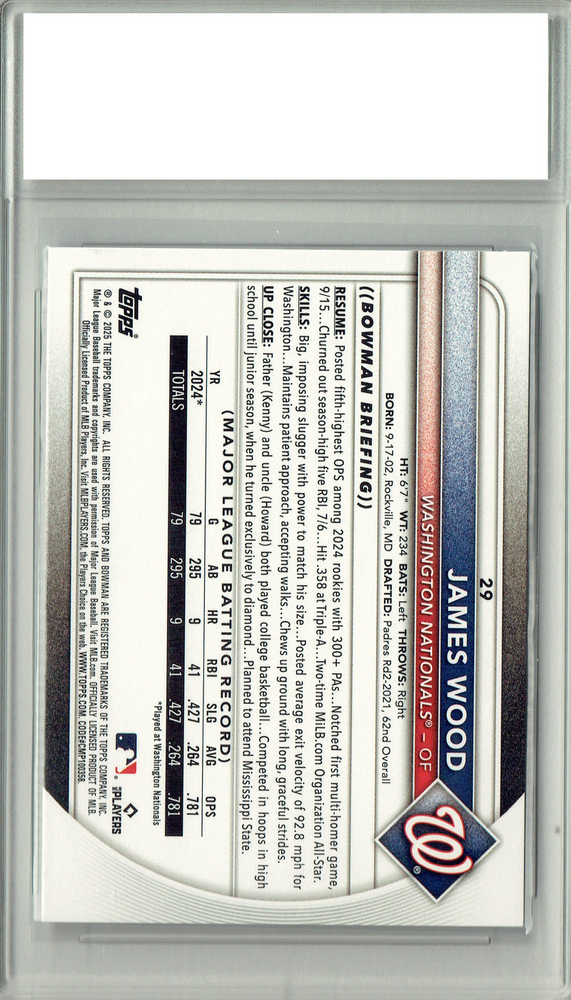 Certified Mint+ James Wood 2025 Bowman #B29 Rookie Card Nationals Star