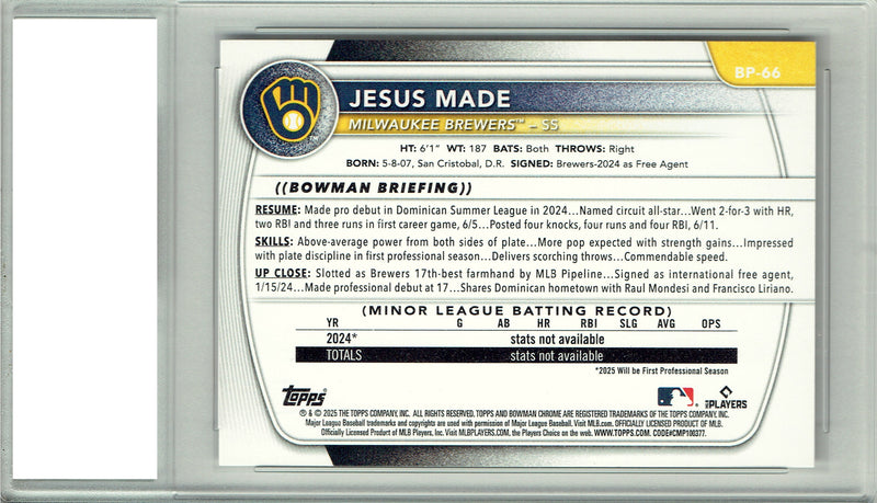 Jesus Made 2025 Bowman #BP-66 1st Bowman Rookie Card PGI 10