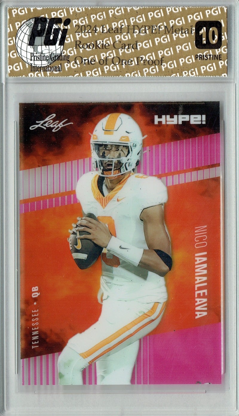 Nico Iamaleava Rookie Card Tennessee / UCLA PGI 10 Gem Mint Football Trading Card 2024 Leaf HYPE! Metal #HM-12 Pink 1/1 Proof