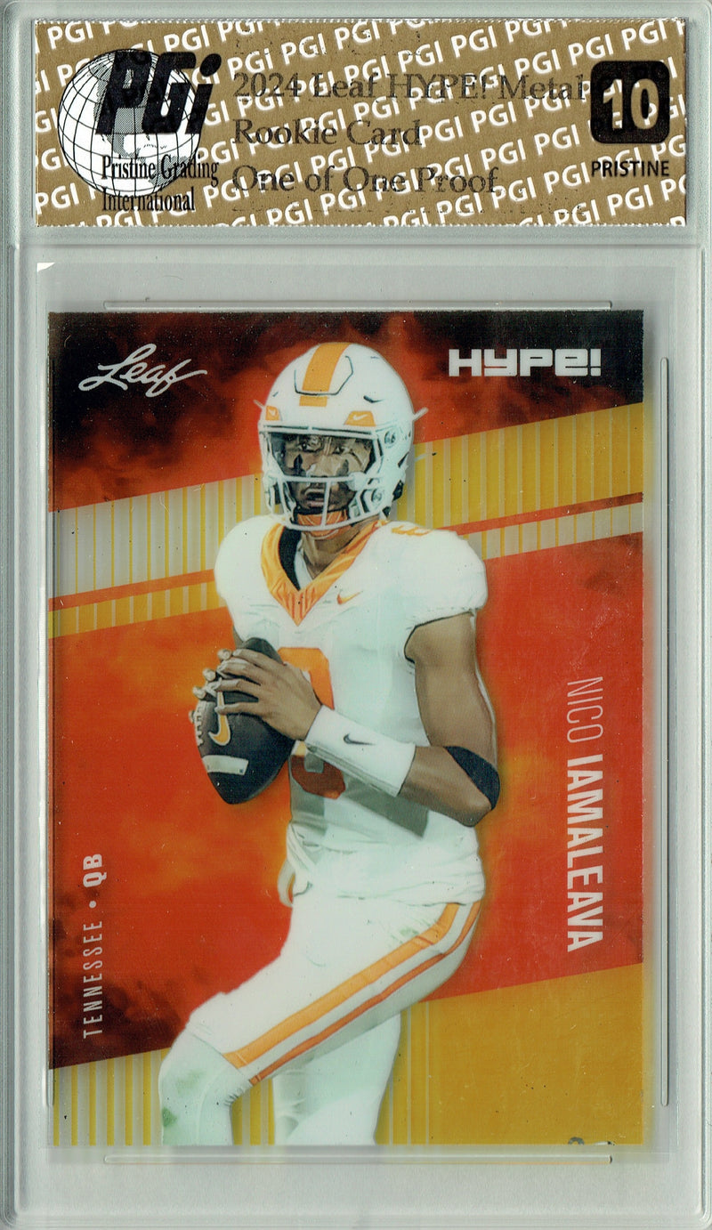 Nico Iamaleava Rookie Card Tennessee / UCLA PGI 10 Gem Mint Football Trading Card 2024 Leaf HYPE! Metal #HM-12 Gold 1/1 Proof