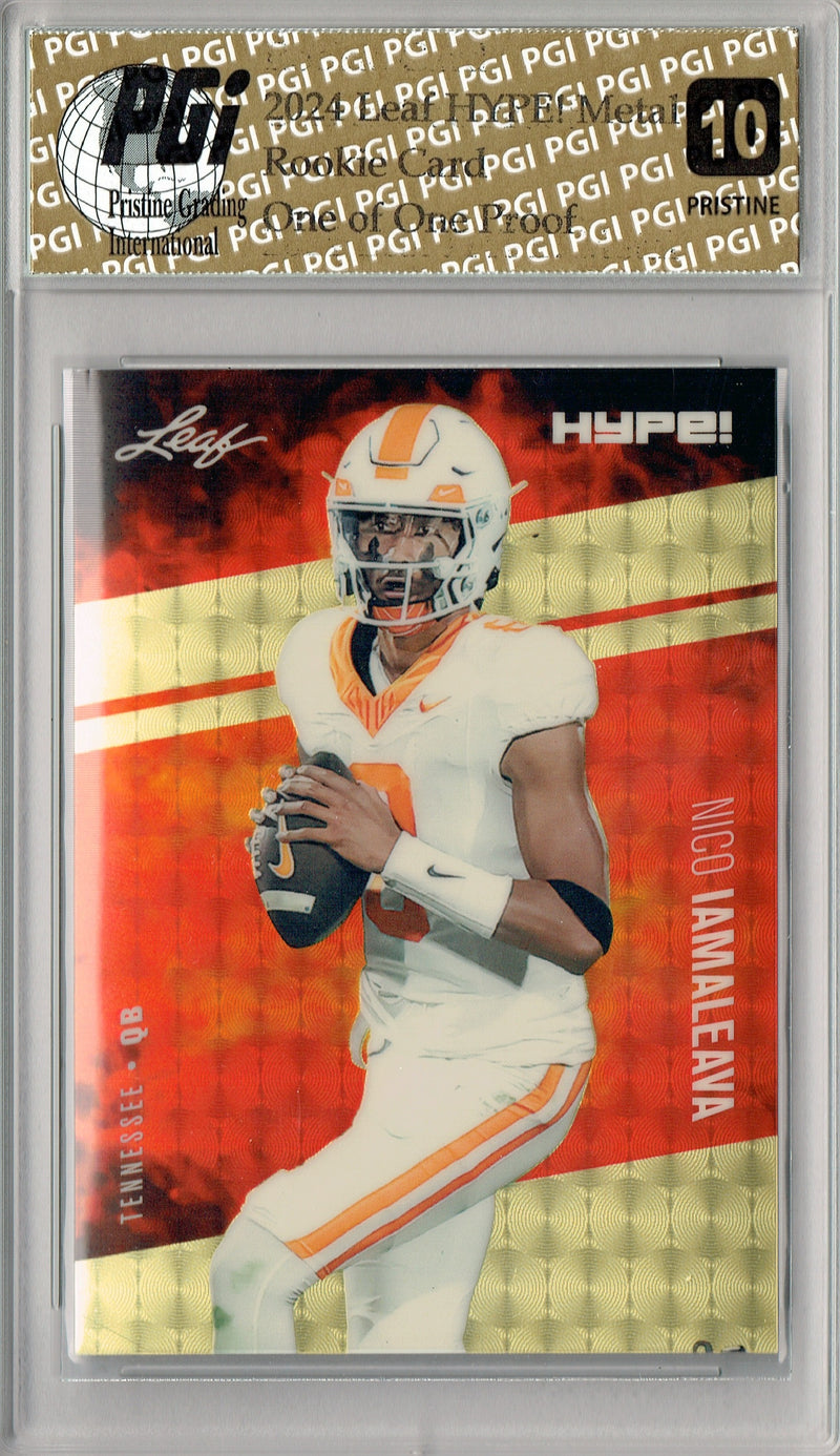 Nico Iamaleava Rookie Card Tennessee / UCLA PGI 10 Gem Mint Football Trading Card 2024 Leaf HYPE! Metal #HM-12 Gold Superfractor Proof 1/1