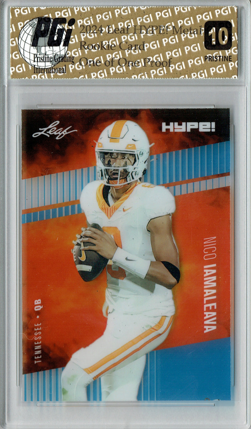 Nico Iamaleava Rookie Card Tennessee / UCLA PGI 10 Gem Mint Football Trading Card 2024 Leaf HYPE! Metal #HM-12 Blue 1/1 Proof
