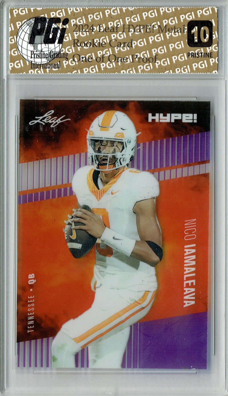 Nico Iamaleava Rookie Card Tennessee / UCLA PGI 10 Gem Mint Football Trading Card 2024 Leaf HYPE! Metal #HM-12 Purple 1/1 Proof