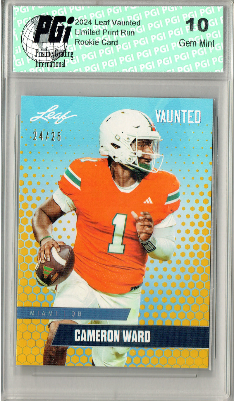 Cam Ward Rookie Card Tennessee PGI 10 Gem Mint Football Trading Card 2024 Leaf Vaunted #V-02 Gold SP 25 Made